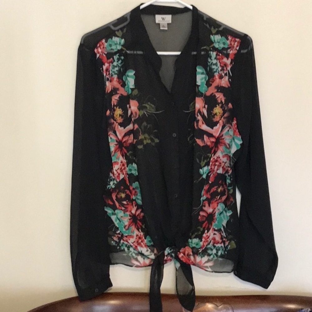 Dressy black 100% polyester tie tail semi sheer blouse. Size XL